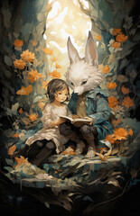 Acrylic Fantasy Painting of Girl and Fox