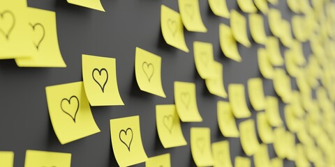 Many yellow stickers on black board background with heart symbol drawn on them. Closeup view with narrow depth of field and selective focus. 3d render, Illustration