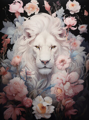 Acrylic Fantasy Painting of White Lion With Flowers - 774054066
