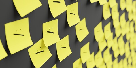 Many yellow stickers on black board background with confused smile symbol drawn on them. Closeup view with narrow depth of field and selective focus. 3d render, Illustration