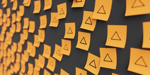 Many orange stickers on black board background with triangle symbol drawn on them. Closeup view with narrow depth of field and selective focus. 3d render, Illustration