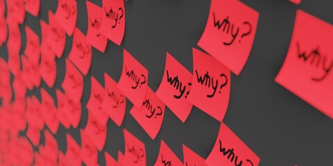 Many red stickers on black board background with question why? symbol drawn on them. Closeup view with narrow depth of field and selective focus. 3d render, Illustration