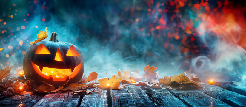 Jack o lantern glowing with an starry sky light and smoke, Halloween pumpkin banner, copyspace for text.	