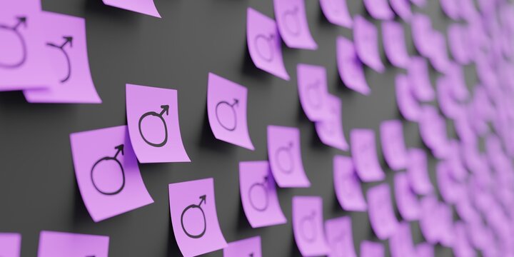 Many violet stickers on black board background with uranus symbol drawn on them. Closeup view with narrow depth of field and selective focus. 3d render, Illustration