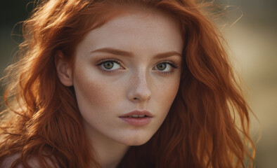 Fototapeta premium Portrait of a beautiful red-haired model, a ginger model with a face of beauty and red hair , detailed