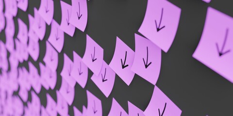Many violet stickers on black board background with down symbol drawn on them. Closeup view with...