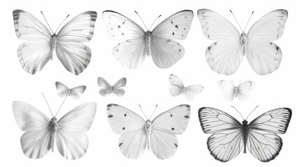 An isolated white background with a lot of white butterflies.