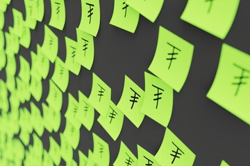 Many green stickers on black board background with symbol of Mongolia tugrik drawn on them. Closeup view with narrow depth of field and selective focus. 3d render, illustration