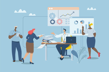 Delegation of business teams, Effective organization of work, Planning and allocation of duties, Leaders or managers transfer work to responsible employees, Vector design illustration.