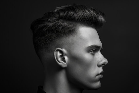 Side profile of a young man showcasing a sculpted quiff hairstyle in a detailed monochrome image