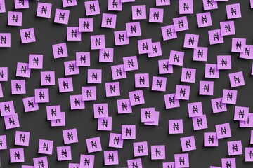 Many violet stickers on black board background with symbol of Nigeria naira drawn on them. Flat view. 3d render, illustration