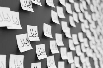 Many white stickers on black board background with symbol of Oman rial drawn on them. Closeup view with narrow depth of field and selective focus. 3d render, illustration
