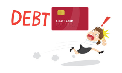 A businesswoman is trying to escape the burden of her credit card debt.White background, 
credit card debt cricis concept.Flat, Vector, Illustration, Cartoon, EPS10.