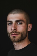 Obraz premium Portrait of a young man with a buzz cut and beard against a black background