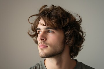 Obraz premium Profile view of a young man with a stylish, messy shag haircut against a neutral background