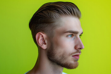Fototapeta premium Profile view of a young man showcasing a modern side part haircut against a vibrant green background