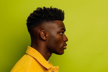 Obraz premium Profile view of a man showcasing a modern side part hairstyle against a green background