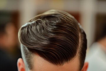 Close-up of a man's classic side part hairstyle with detailed comb lines and a clean finish