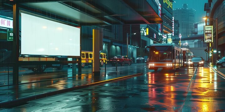 A white blank billboard at the bus stop, city street, evening, rain, cars passing by, photorealistic landscapes, cinematic atmosphere, atmospheric perspective