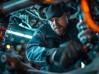 A mechanic tightening bolts under a car chassis during a suspension check - obrazy, fototapety, plakaty