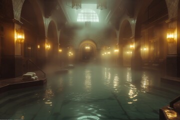 Large swimming pool, in the sauna complex, with dim lighting - obrazy, fototapety, plakaty