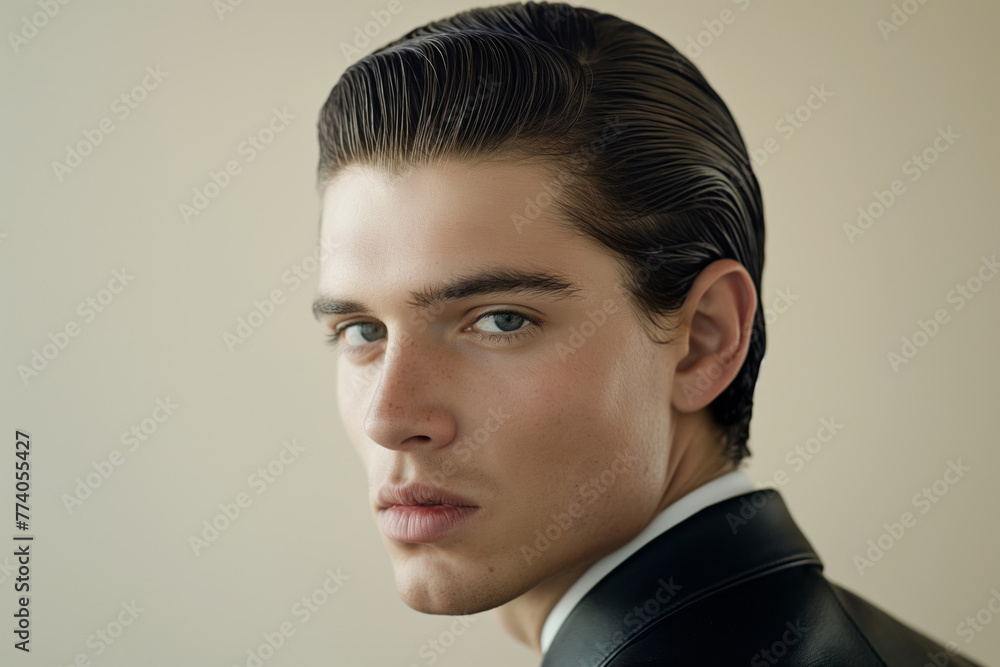 Wall mural Close-up photo of a young man with an elegant slicked-back hairstyle looking at the camera