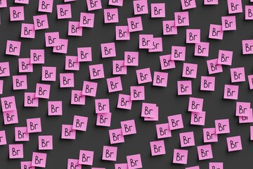 Many pink stickers on black board background with symbol of Belarus ruble drawn on them. Flat view. 3d render, illustration