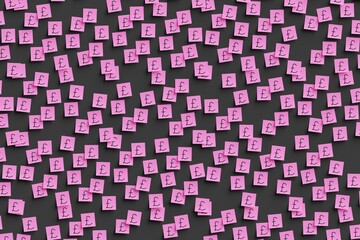 Many pink stickers on black board background with symbol of Egypt pound drawn on them. Flat view. 3d render, illustration