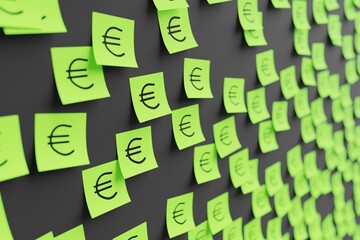 Many green stickers on black board background with symbol of  euro drawn on them. Closeup view with narrow depth of field and selective focus. 3d render, illustration