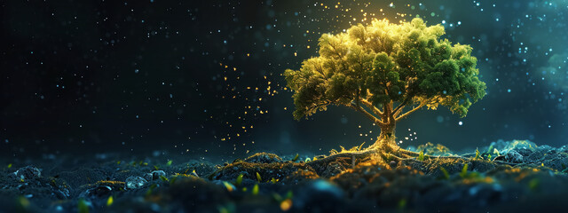 A tree on mystery landscape with glowing light atmosphere around on dark background