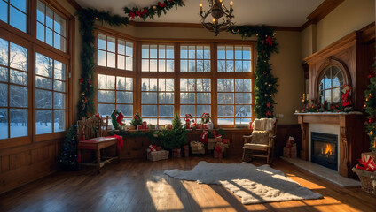 view of Christmas tree in the window beautiful view in the snow. AI generated