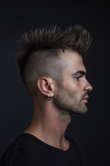 Side profile of a man showcasing a trendy spiky faux hawk haircut against a dark background