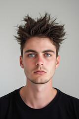 Obraz premium Close-up of a young man's trendy spiky hairstyle against a neutral background
