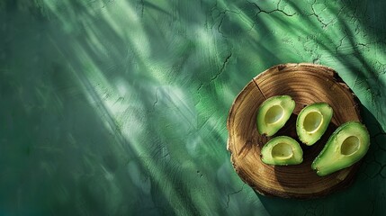 product photography, a wooden rustic wooden board with chopped avocado on top of it, all placed on the right side of the image, on a rich green background, ultra realisitc

