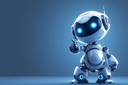 Positive cute robot pointing at a space. Copy space