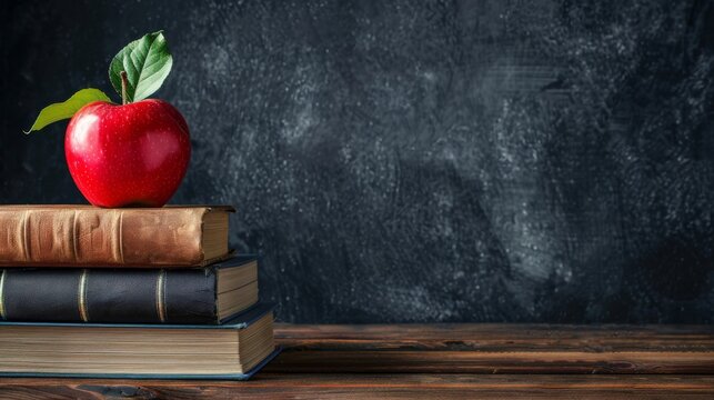 Back to school . The concept of the start of school Preparing to receive education for the new semester. background with books and apple on wooden table over blackboard 
