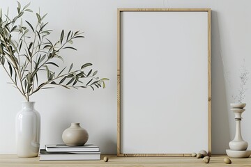 Minimalistic Vertical Poster Frame Mockup with Olive Branches and Books