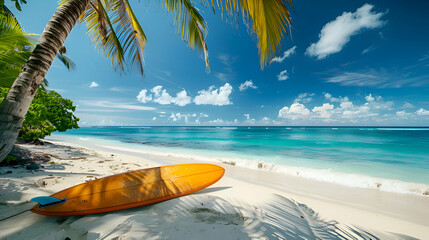 Fototapeta na wymiar Surfboard on the beach, holiday vacation serene
