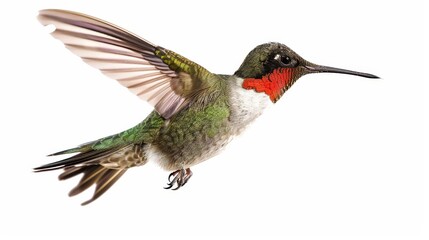 Fototapeta premium Flying Ruby-throated Hummingbird on white background