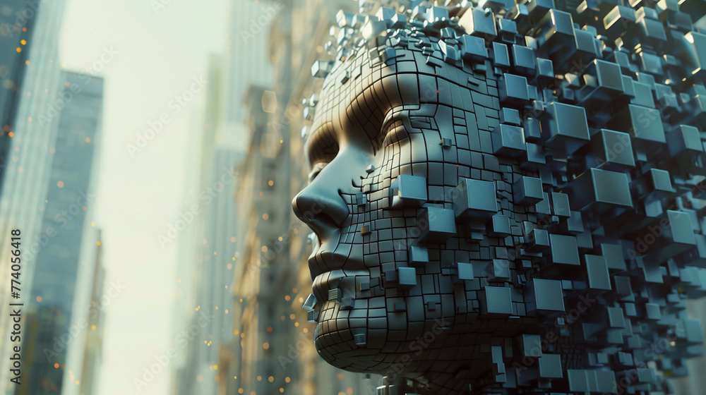 Poster a face made of blocks is shown in front of a city skyline. the face is made of many small cubes, giv