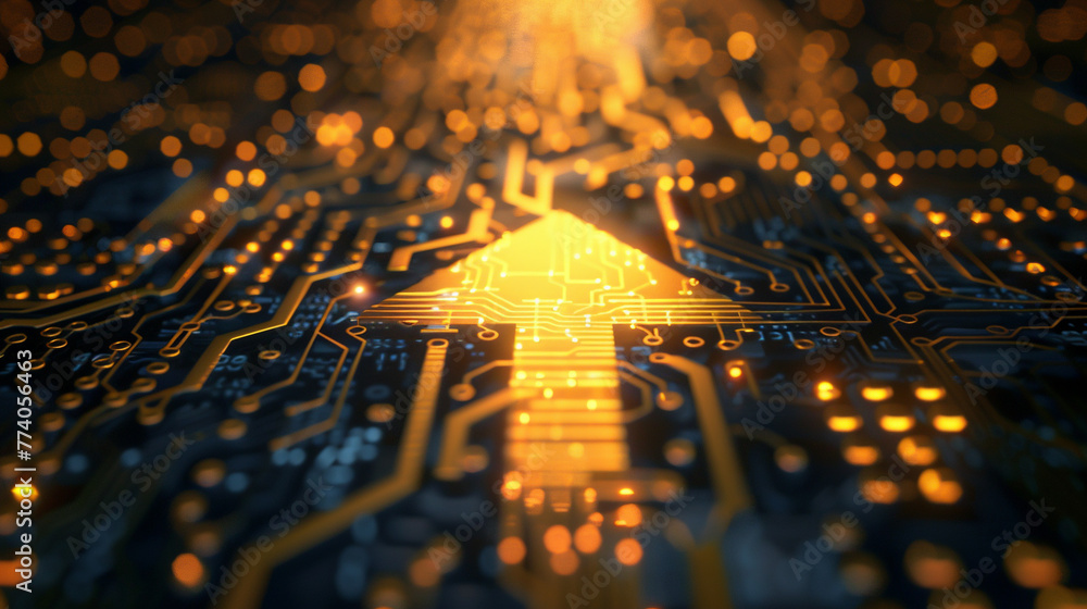 Poster a computer chip with a yellow arrow pointing upwards. concept of progress and growth, as the upward 