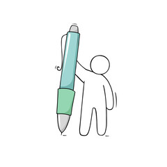 Art icon - man holding big pen. Doodle cute miniature about paperwork. Hand drawn cartoon vector illustration for school subject design.
