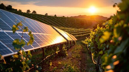 vineyard incorporating solar panels among its grapevines, showcasing sustainable agriculture practices by powering operations with clean energy, under the soft glow of the afternoon sun. - obrazy, fototapety, plakaty