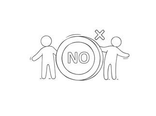 Dislike icons with thumb down symbol. Doodle people standing with square button with sign of bad, negative reaction, vector hand drawn illustration