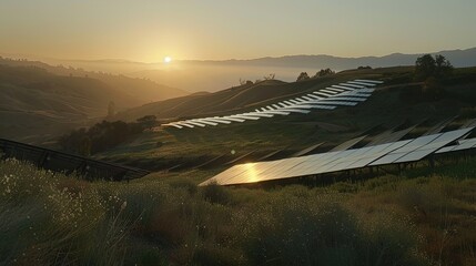 A serene landscape at dawn, where rows of sleek solar panels capture the first light of the sun, set against the backdrop of a gentle, rolling hillside, highlighting the harmonious blend of technology