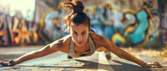 An outdoor fitness and lifestyle concept with a woman doing sports