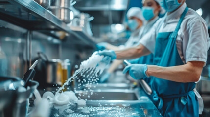 Professional Kitchen Staff Cleaning Dishes and Maintaining Hygiene