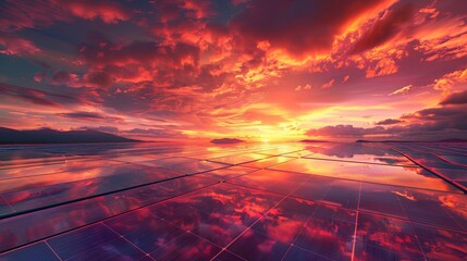 A vibrant sunset illuminating a vast solar power plant, with thousands of photovoltaic panels reflecting the fiery hues of the sky, showcasing the scale and potential of solar energy in the transition - obrazy, fototapety, plakaty