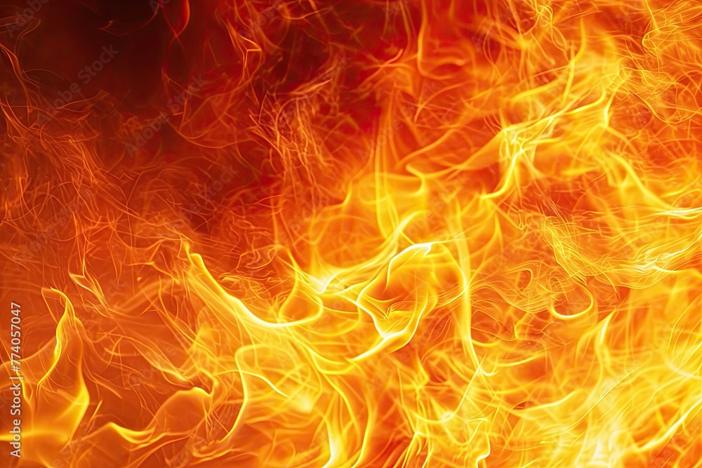Poster Intense fire background with flames dancing in an abstract pattern, Fiery backdrop with flames swirling in abstract motion.