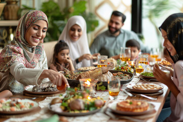 Muslim family enjoying Iftar meal together during Ramadan - obrazy, fototapety, plakaty